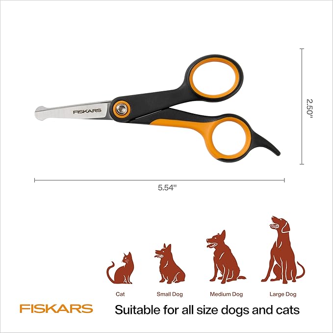 Fiskars Pet Detailing Scissors, Dog & Cat Grooming Scissors, Rounded Tips & SoftGrip Handle for Delicate Areas, 5.5”, Orange/Black