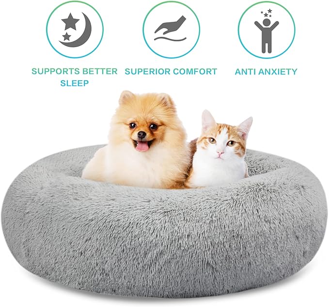 SAVFOX Calming Dog Bed, Anti Anxiety Dog Bed, Plush Donut Dog Bed for Small Dogs, Medium, Large & X-Large, Soft Fuzzy Comfy Dog Bed in Faux Fur, Washable Cuddler Pet Bed, Multiple Sizes XS-XL