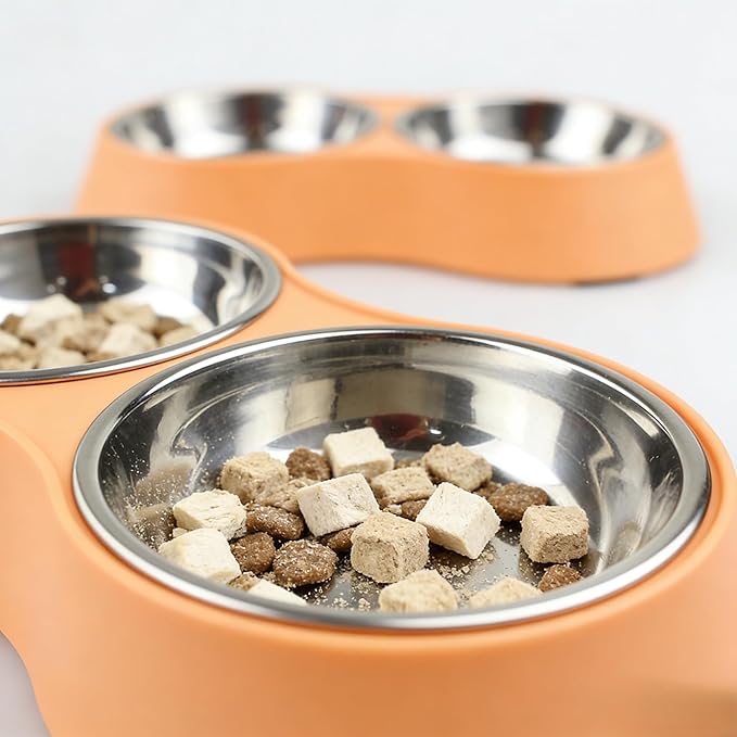 Large Orange Double Pet Bowl – Non-Slip Stainless Steel Food & Water Set for Medium/Large Dogs & Multiple Cats, BPA-Free Mess-Free Feeding Dishes