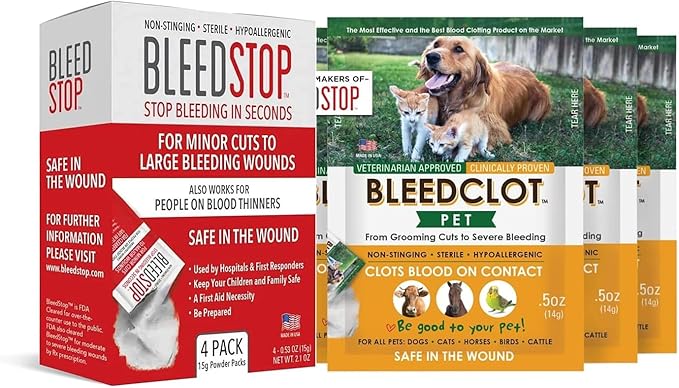 BleedStop™ First Aid Powder for Blood Clotting (4x15g, Pouches) and BleedClot Pet First Aid Powder (4x0.5oz, Pouches)
