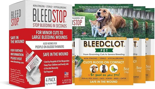 BleedStop™ First Aid Powder for Blood Clotting (4x15g, Pouches) and BleedClot Pet First Aid Powder (4x0.5oz, Pouches)