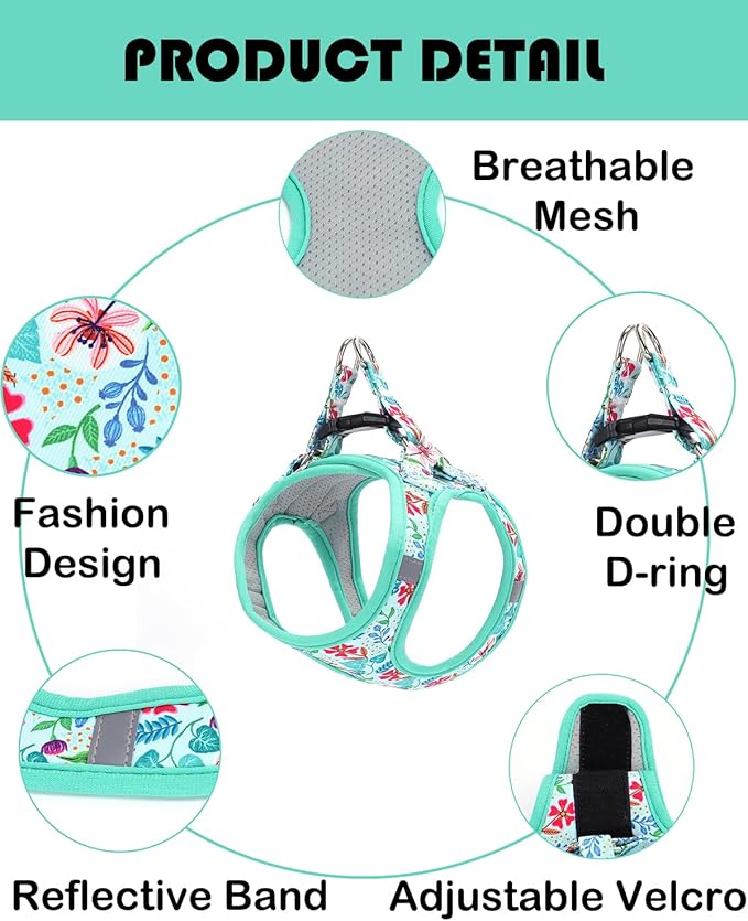 Moonpet Step in Dog Harness Leash Set- All Weather Reflective No-Pull Floral Pattern Padded Mesh Vest Harness for Cats Puppy Extra-Small Small Medium Large Dogs - Verdure Flower - S