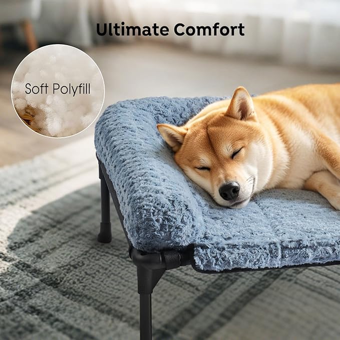 Veehoo Cooling Elevated Dog Bed Add Removable Deluxe Rose Plush Bolster Cushion Mat, 35" x 22" Washable Dog Couch Bed, Raised Pet Cot with Breathable Teslin Mesh, No-Slip Feet, Haze Blue, CWC2439B
