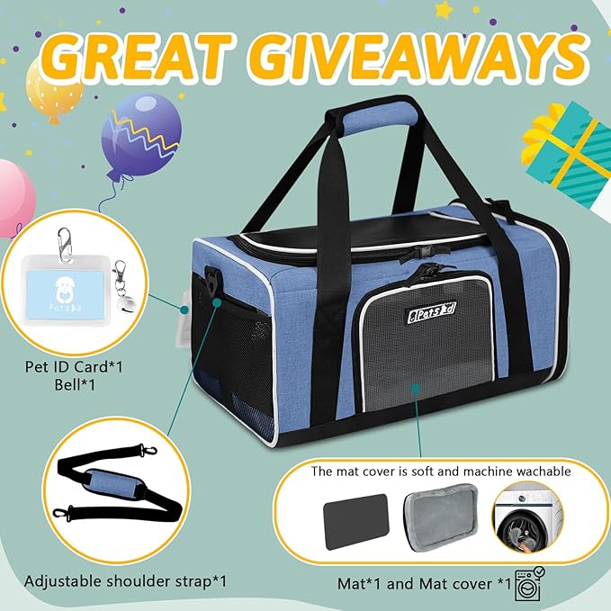 Petskd Pet Carrier 17x12x8.5 JetBlue Allegiant Airline Approved,Pet Travel Carrier Bag for Small Cats and Dogs, Soft Dog Carrier for 1-8 LBS Pets,Dog Cat Carrier with Safety Lock Zipper(Blue)