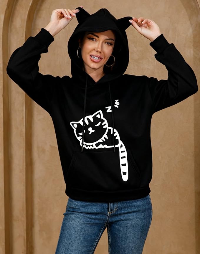 Women Girl Hoodies Cute Cat Ear Novelty Printed Pullover Sweatshirt