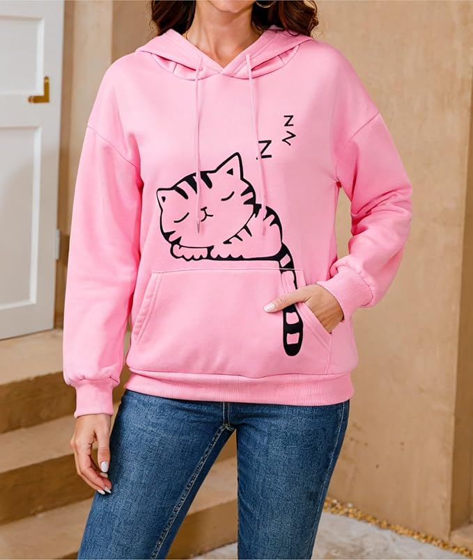 Women Girl Hoodies Cute Cat Ear Novelty Printed Pullover Sweatshirt