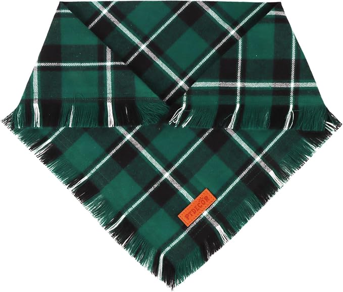 PTDECOR Christmas Dog Bandanas with Tassels Edges, 2 Pack Stylish Red Green Plaid Scarf Bibs, Premium Cotton Fabric, Reversible Triangle Christmas Bandanas for Small Dogs Puppies Cats(Small)