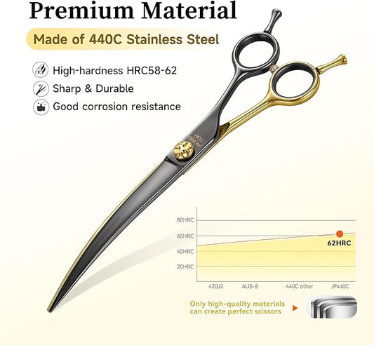7'' Curved Dog Grooming Scissors CNC 440C Blades Sharp and Durable Dog Shears Black and Gold Pet Scissors Smooth Cutting Easy to Use for Professional Groomer