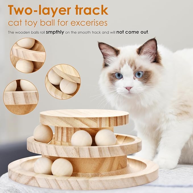 SMICEM Cat Ball Track Toy, Double-Layer Tower cat Toy Roller, Interactive Wooden cat Toy - no Card Ball, Anti Slip, no Assembly Required, Ideal Choice for Physical and Mental Exercise of Kittens