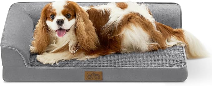 Orthopedic Dog Bed for Medium Small Size Dog, Faux Fur Pet Sofa, Foam Bolster Couch with Waterproof Lining Cover, Anti-Slip, Washable, L-Shaped, M 30x20x6.5 inch, Grey