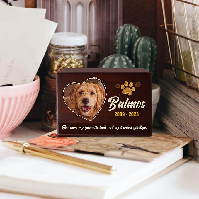 Custom Pet Keepsake Urns for Dogs, Wooden Box for Pet Ashes with Photo for Your Beloved Pets, Pet Cremation Urns as Sympathy Gifts for Pet Lovers - Small, 6" x 4" x 2.75" (Design 11)