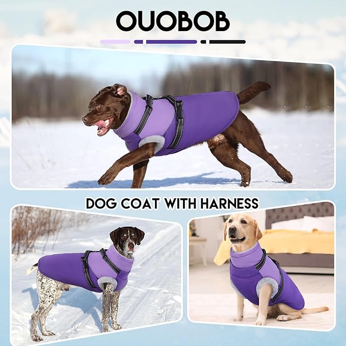 Dog Jacket with Harness, Warm & Waterproof, Fleece Lined Puffer Jacket for Large Dogs, Winter Snow Coat