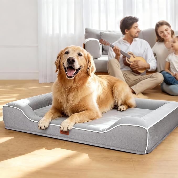 Extra Large Orthopedic Dog Bed with Cooling Gel Memory Foam,Waterproof XXL Dog Couch Bed with Removable Washable Cover,48 inch Pet Sofa with High Resilience Foam Sides for Old Pets,Grey