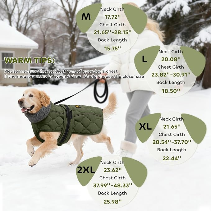 Dog Coat Winter, Waterproof Quilted Dog Jacket for Cold Weather, Reflective Adjustable Puppy Winter Coat, Warm Turtle-Neck Pet Fleece Snow Jacket for XX-Large Dogs, NewGreen XXL