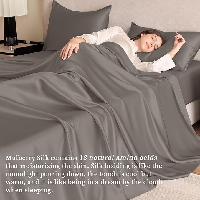 THXSILK Silk Sheet Set 4Pcs, 6A+ Top Grade 100% Pure Mulberry Silk Bed Sheets Ultra Soft Durable Luxury Bedding Sets, 1 Fitted Sheet, 1 Flat Sheet and 2 Pillowcases (Twin-XL, Charcoal)
