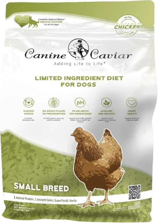 Canine Caviar - Small Breed: Chicken & Whole Ground Oats, Alkaline Dry Dog Food, Limited Ingredients, Gluten-Free, Based on Science & Research, Veterinary Alternative Diet (4.4 Pound Bag)