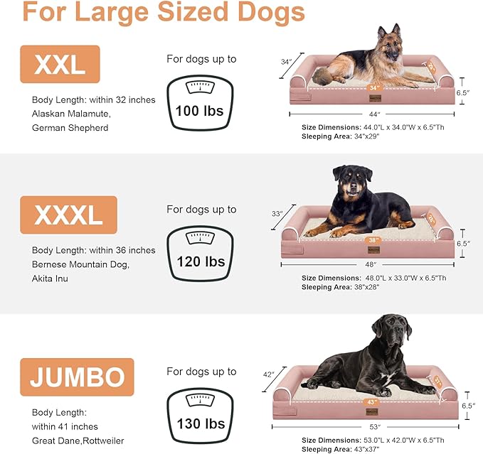 Large Dog Bed Orthopedic Washable: Beds Bolster XL Bed Large Big Dogs Memory Foam Couch Sofa Waterproof with Removable Cover - Pink