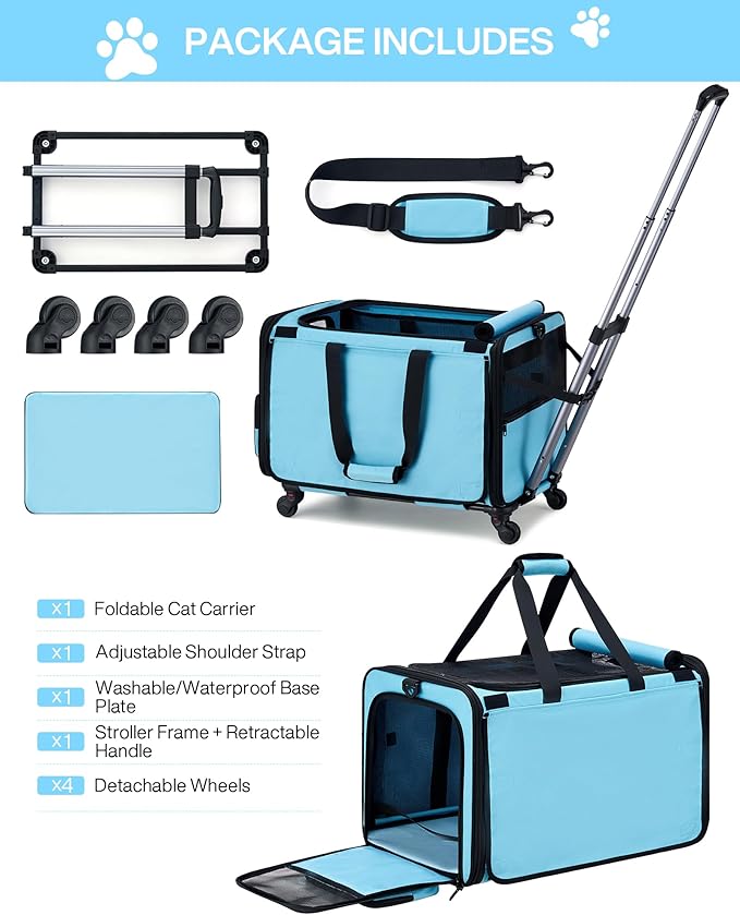 MILADA Extra Large Cat Carrier with Wheels for Big Cats & Small Dogs Soft Sided Rolling Pet Carrier Detachable XL Cat Stroller for Travel, Hiking, Vet & Hospital Use, Blue