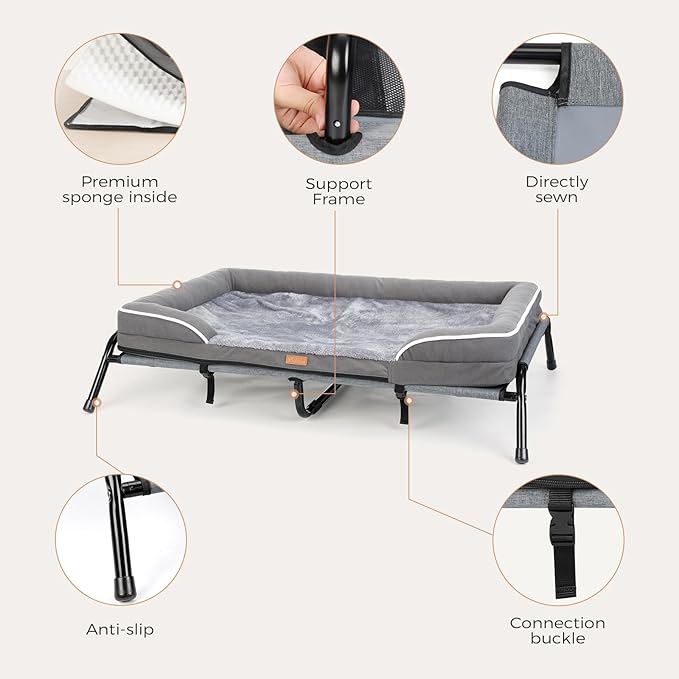Lekereise Raised Dog Bed for Medium Dog 42x29 Inch, Orthopedic Pet Beds with Waterproof Egg Crate Foam, Removable Dogs Couch Bed for Indoor Outdoor, 2-in-1 Design, Load 70lb, Grey