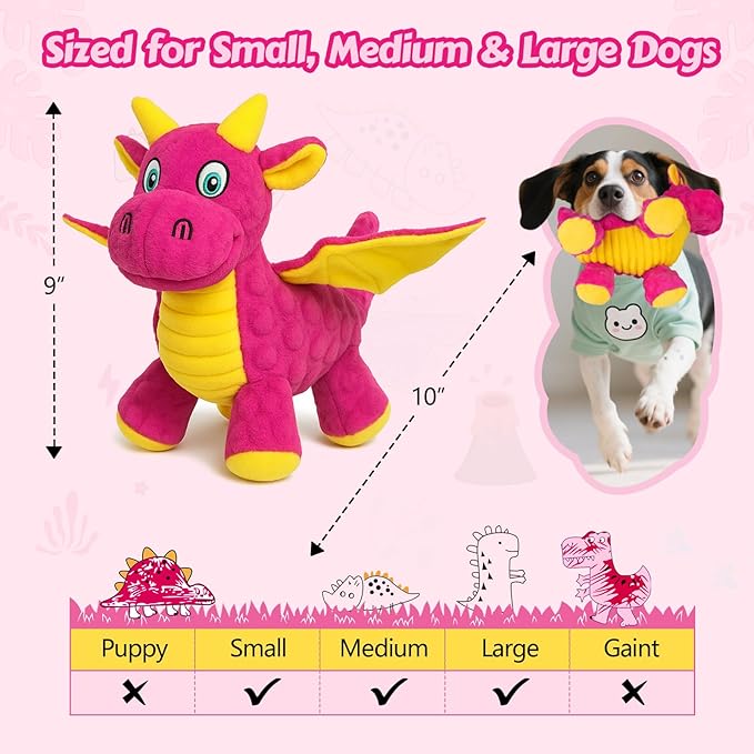 Squeaky Dog Toys - Soft Plush Dragon Dog Toy with 5 Squeakers & Crinkle Paper, Dog Toys for Small, Medium and Large Dogs (Pink,10")