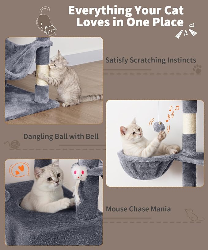 AMHANCIBLE Tall Cat Tree, 70 Inch Cat Tower for Indoor Cats, Multi-Level Cat Tree with Scratching Post, Hammock, Hanging Basket, Large Cat Condos for Adult Cats Kittens, Grey, PT18GY