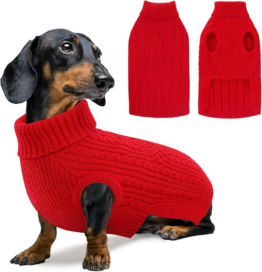 SUNFURA Small Dog Sweater, Christmas Dog Sweaters Fall Winter, Warm Sweaters with Harness Hole, Turtleneck Pullover for Dogs Girls Boys, Puppy Sweatshirt Knitwear Clothes for Dachshund, Red S