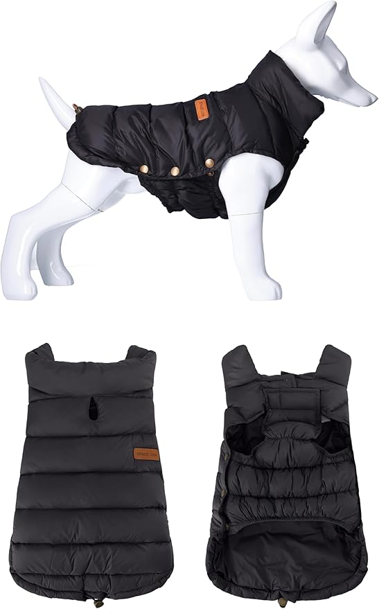 SPACE LION Dog Puffer Jacket, Down Winter Coat, Durable Outdoor Coat for Cold and Windy Conditions, Lightweight & Adjustable Fit Coats for Small & Medium Dogs, (Black, Size12/M)