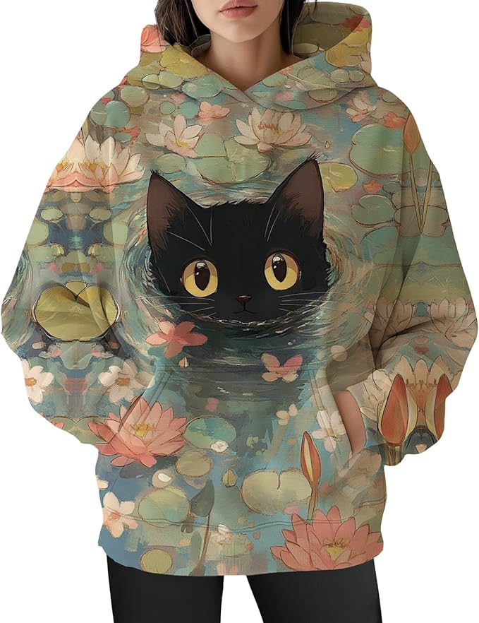 Womens Cat Print Hoodies Trendy Funny Cat Graphic Long Sleeve Sweatshirt Y2k Streetwear Hooded Pullover Tops
