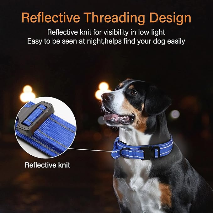 KCUCOP Tactical Dog Collar for Medium & Large Dogs - Military Nylon Heavy Duty Collar with Handle, Reflective Strip & Metal Buckle for Training, Outdoor (Dark Blue Reflective, XLarge)