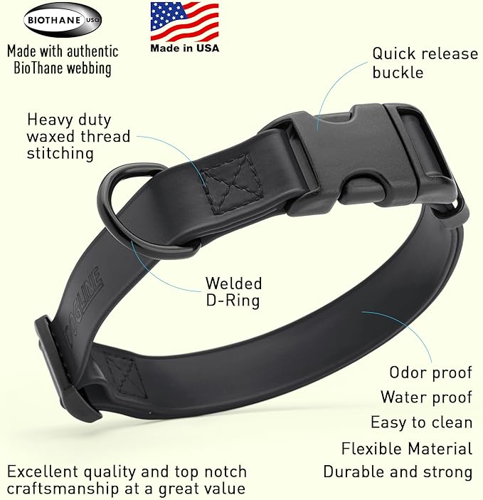 Dogline Durable Biothane Waterproof Collar for Dogs - Odor-Resistant Coated Webbing, Quick-Release Design, Comfortable Adjustable Fit, 1" W by 15-25" L, Black