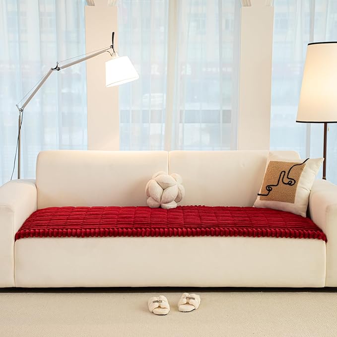 Christmas Faux Fur Plush Dog Couch Cover, 3D Stripe Fuzzy Sofa Covers, Non-Slip Fluffy Dog Bed Cover Pet Blanket, Washable Furniture Protector for Puppy Cat (Red,28"x82")