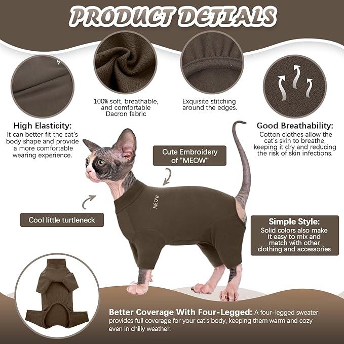 ROZKITCH XS Cat Clothes, Breathable Soft Cat Jumpers for Hairless Cats, Devon Rex, Cornish Rex, Peterbald, Coffee XS