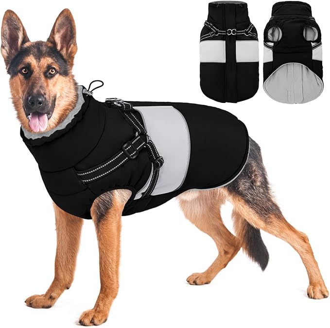 KOESON Large Dog Coat, Warm Dog Winter Coat Cold Weather Jacket with Built-in Harness and Reflective Straps, Windproof Pet Puffer Jacket Zip Up Fleece Vest for Pitbull, Husky, Black L