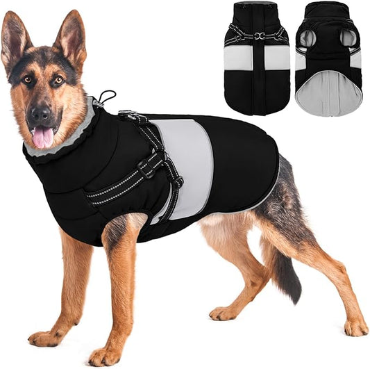 KOESON Dog Coat, Windproof Dog Winter Coat with Harness Built in for Extra Large Dogs, Waterproof Reflective Pet Snow Jacket with Warm Fleece Lining for German Shepherd, Labrador Retriever