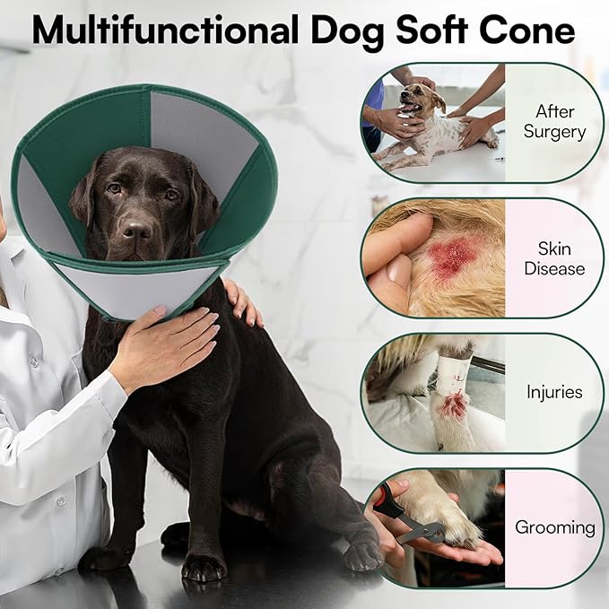 Queenmore Dog Cones for Medium Dogs, Soft Dog Cone, Cone for Dogs After Surgery, Adjustable Recovery Collar for Wound Healing, Comfortable Pet E-Collar to Stop Licking (Dark Green,M)