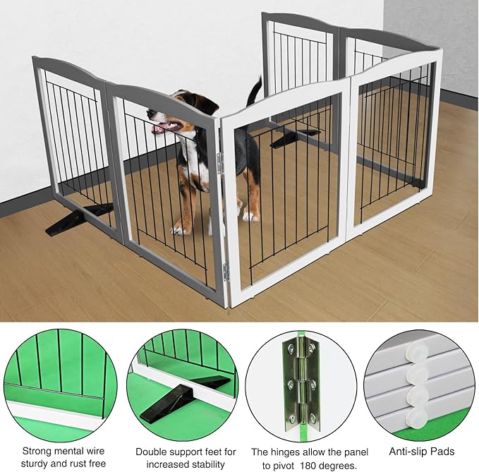 ZJSF Freestanding Dog Fence Indoor, Foldable Dog Gate for Doorways, Stairs or Hallways, Sturdy Wood Extra Wide Pet Gate with Support Feet for The House, Grey, 24 "Height-6 Panels