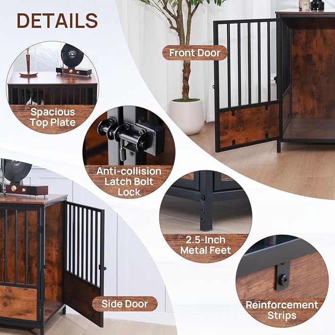 37.4" Wooden Dog Crate Furniture – Chew-Resistant Kennel for Medium/Large Breeds,3-Door Indoor Kennel with 3.1" Raised Feet, Multi-Functional TV Stand & End Table