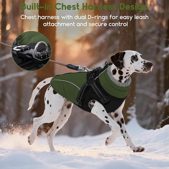 ASENKU Reflective Dog Coat with Built-in Harness, Windproof Fleece-Lined Dog Jacket for Small, Medium, Large Dogs, Warm Winter Vest with Turtleneck & Zipper (Green S)