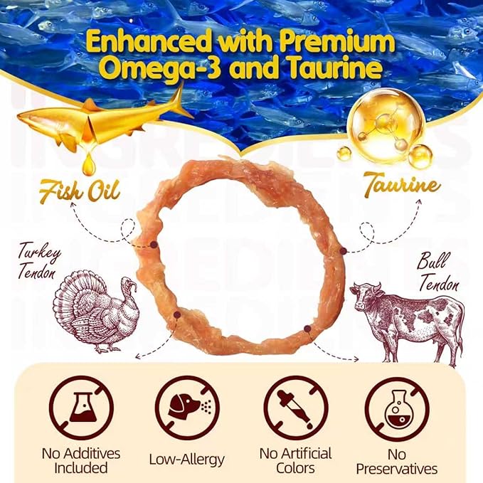 TailParty Turkey Tendons for Dogs with Fish Oil & Taurine: 4 oz Dog Healthy Treats, All Natural Dental Chew Rings, Long-Lasting Training-Reward Snacks for Health-Conscious Pet Owners