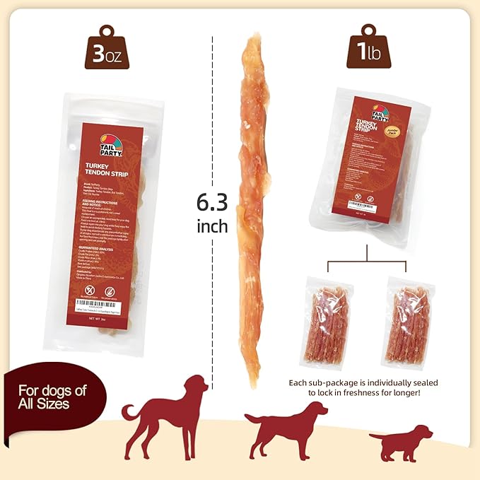 TailParty Turkey Tendons for Dogs with Fish Oil & Taurine: All Natural Dental Chew Stick & Puppy Training Treats Long Lasting Snack for Health-Conscious Pet Owners(Strip)