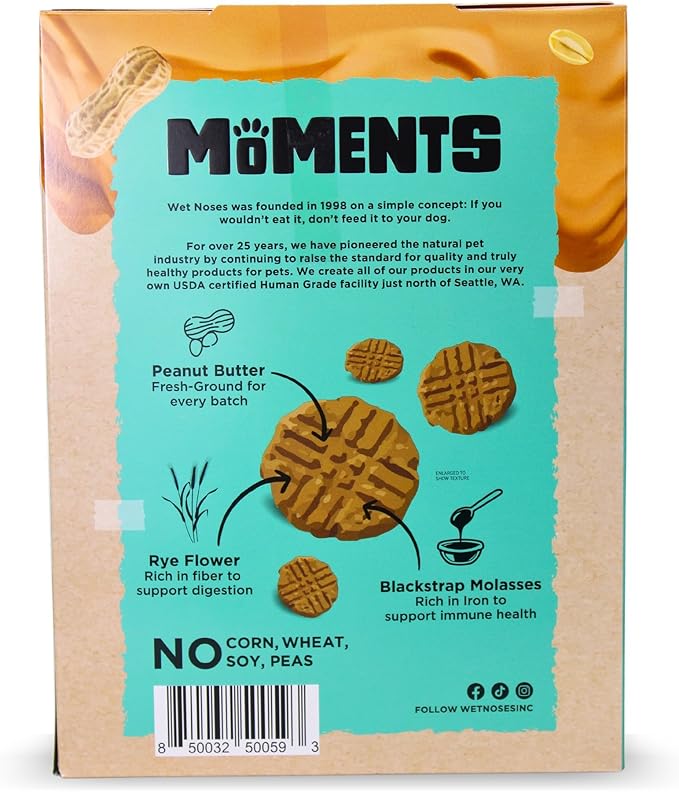 Wet Noses Moments Non-GMO Peanut Butter & Molasses Homestyle Crunchy Dog Treats - 14oz | No Corn, Wheat, Soy or Peas, Made with 4 Simple Ingredients