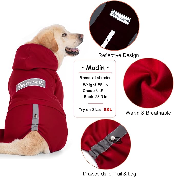 Dog Hoodies Winter Coat for Large Medium Dogs, Pullover 9 Legs Warm Coat Hooded Sweatshirt, Fleece Hoodie for Cold Weather (Red, X-Large)