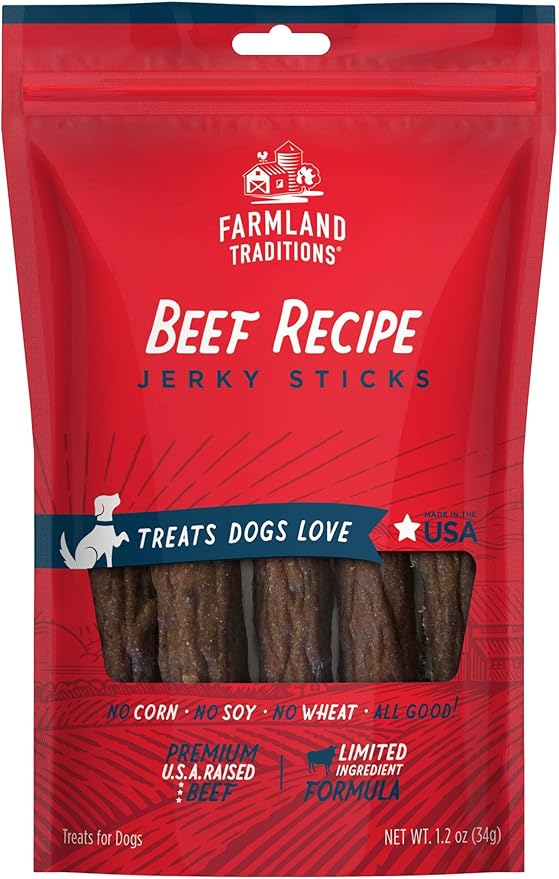 Farmland Traditions Beef Recipe Jerky Dog Treats, High-Protein Dog Jerky Sticks, Wheat-Free & Made in USA for All Breeds & Sizes, 1.2 Oz Bag (Pack of 12)