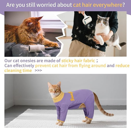 T'CHAQUE Sticky Hair Cat Onesie Pajamas, Soft Long Sleeve Cat Clothes, Anti-Shedding, Surgery Recovery Suit, Wound Protection & Preventing Licking, Kitten Sweaters for Male & Female, Purple-M