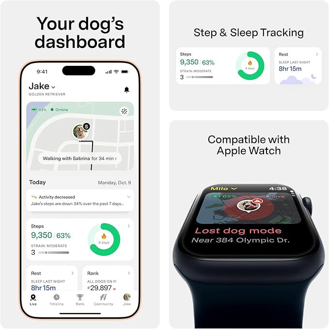 New Fi Series 3+ Smart Dog Tracker Collar [12 Month Membership Included] GPS Tracker for Dogs with Health & Behavior Monitoring, Escape Alerts, Waterproof, LED, Apple Watch Compatible -Yellow, X-Large
