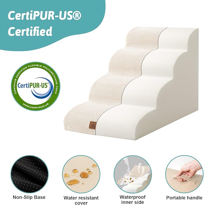 Dog Stairs for Small Dogs 19.7" H, Curved Dog Step for Puppy, Older or Cat, Medium Pet Ramp for Sofa, Couch or Bed, Ladder with High Density Foam, 4 Step, 15.7x28.3x19.7 inch, Beige