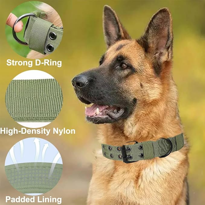 JSXD Tactical Dog Collar,Military Grade Nylon with Soft Padded Lining,1.5 inch Wide,Metal Buckle with 5 Adjustable Points,Heavy Duty Dog Collar for Medium Large Dogs (Green, X-Large)