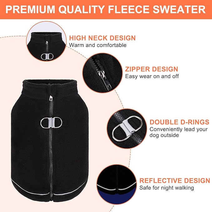BEAUTYZOO Dog Fleece Vest Sweater Winter Jacket Zip Up Warm Pullover Step-in Dog Clothes with D-Ring Leash Cold Weater Reflective Coat Hoodie for for XS S M Dogs Puppy Cat Boy or Girl, Black Small