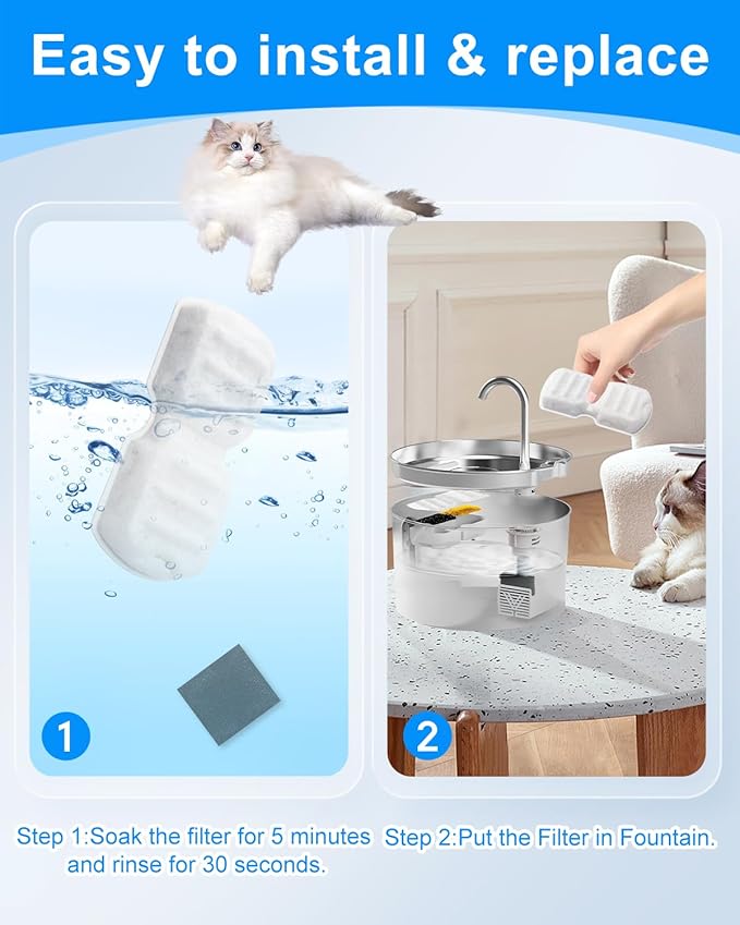 8+8 Pack Cat Water Fountain Filter Replacement Compatible with 74oz/2.2L, 87oz/2.6L Cat Water Fountain Stainless Steel, Activated Carbon Filter and Ultra-fine Fiber