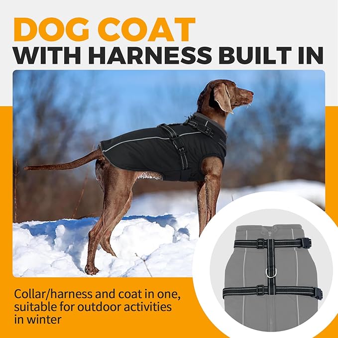 Lelepet Waterproof Dog Jacket with Harness Built in Warm Dog Winter Coat, Reflective Fleece Jacket, Dogs Coats for Lage Dogs, Thermal Turtleneck Pet Snowsuit for Cold Weather, French Bulldogs, Black L
